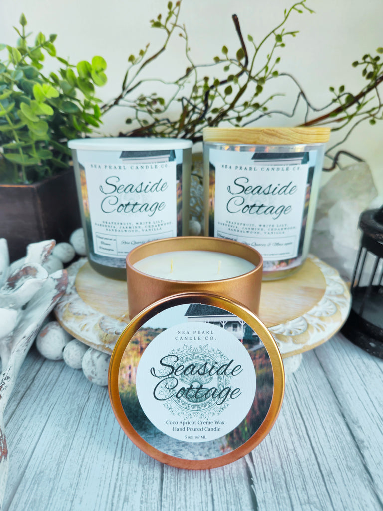 Seaside cottage candle, Sea Pearl Candle Co. Gardenia and Grapefruit candle