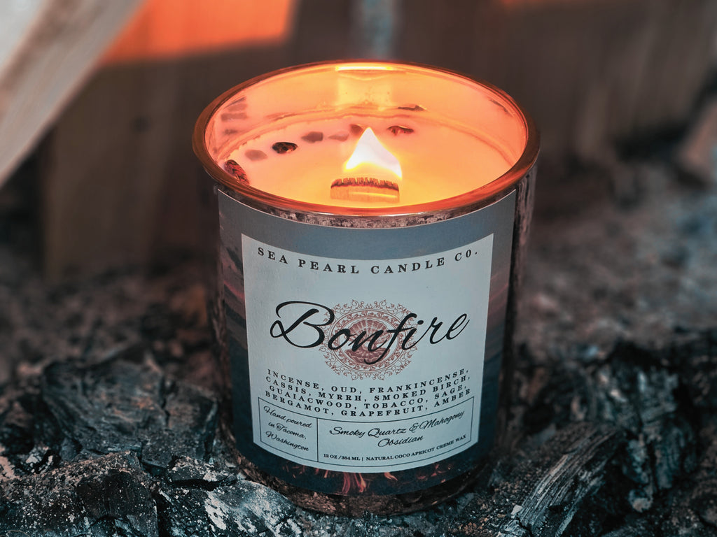 Bonfire candle, The Bonfire scented candle, Sea Pearl Candle co. Wooden wick Candle, Bonfire candle sea Pearl Candle co, Luxe Candles